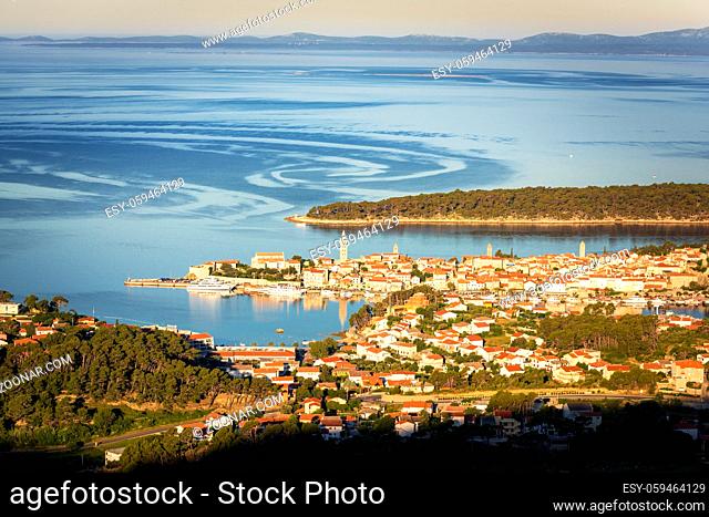 First morning light hits the village of rab in croatia