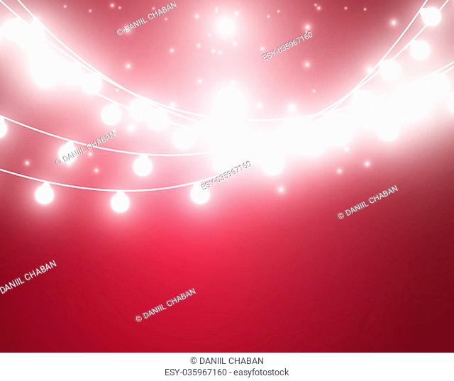 Christmas background with xmas lights. Vector glowing garland isolated on red background with shine particles. Vector