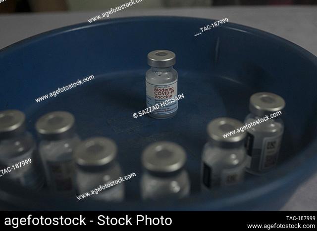 DHAKA, BANGLADESH - AUGUST 8: General view of doses of Moderna COVID19 vaccine , during a mass vaccination campaign at a vaccination center