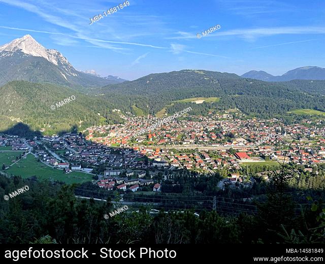 Hike to Mittenwalder Hütte, view of Mittenwald, panorama, Upper Isar Valley, hiking, nature, mountains, blue sky, activity, Karwendel Mountains