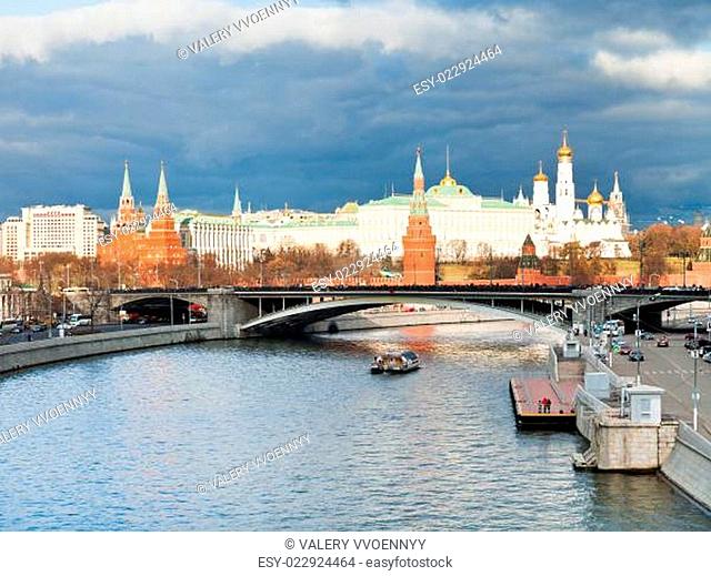 sunlight illuminates Moscow Kremlin