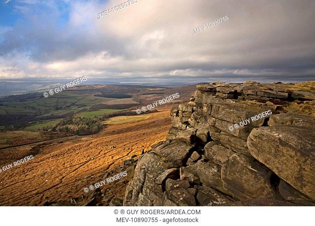 View looking across the Derdyshire countryside from Stanage Edge. Derbyshire - England