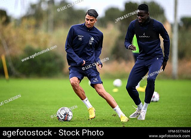 Gent's Ibrahim Salah and Gent's Joseph Okumu pictured in action during a training session at the winter training camp of Belgian first division soccer team KAA...