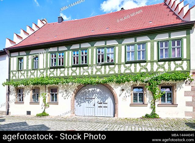 Former Echterhof, half-timbered house, architectural monument, house facade, architecture, village view, summer, Gerolzhofen, Franconia, Germany, Europe