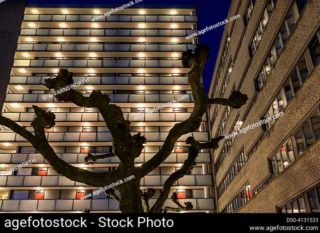 Copenhagen, Denmark The night facade of an illuminated building in the Frederiksberg district