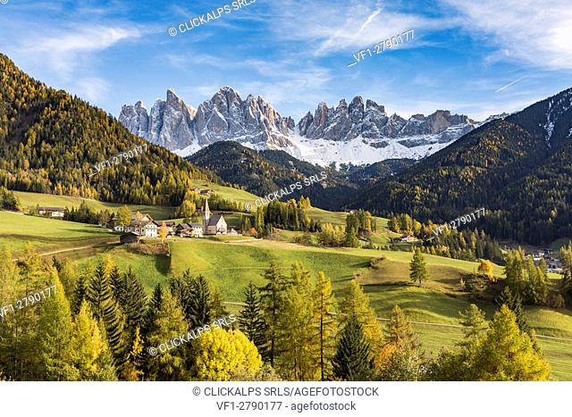 Autumnal landscape with Odle Dolomites peaks on the background. Santa Maddalena, Funes, Bolzano, Trentino Alto Adige - Sudtirol, Italy, Europe