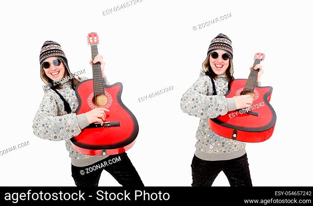 The young optimistic girl holding guitar isolated on white
