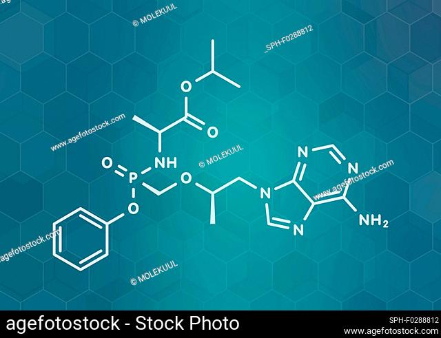 Tenofovir alafenamide antiviral drug molecule (prodrug of tenofovir). White skeletal formula on dark teal gradient background with hexagonal pattern