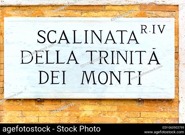 Rome, Italy - Oct 04, 2018: Scalinata della Trinita dei Monti street sign on the wall in Rome, Italy