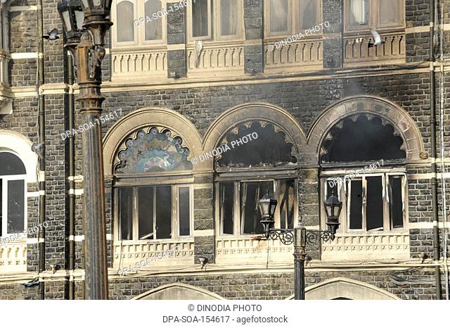 Burn window of Taj Mahal hotel ; after Terrorist attack by Deccan Mujahedeen on 26 November 2008 in Bombay Mumbai ; Maharashtra ; India