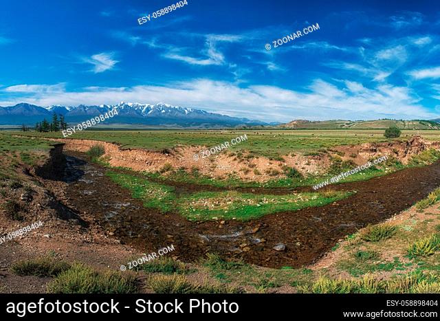 Panorama of Altai mountains with river, beauty summer morning in the mountain in Altai