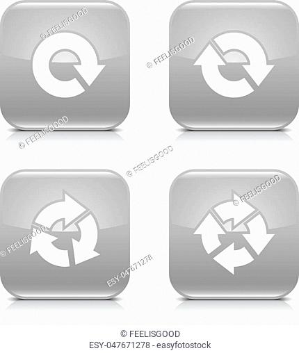 4 arrow icon. White repeat, reload, rotation, refresh sign. Set 04. Gray rounded square button with gray reflection, black shadow on white background
