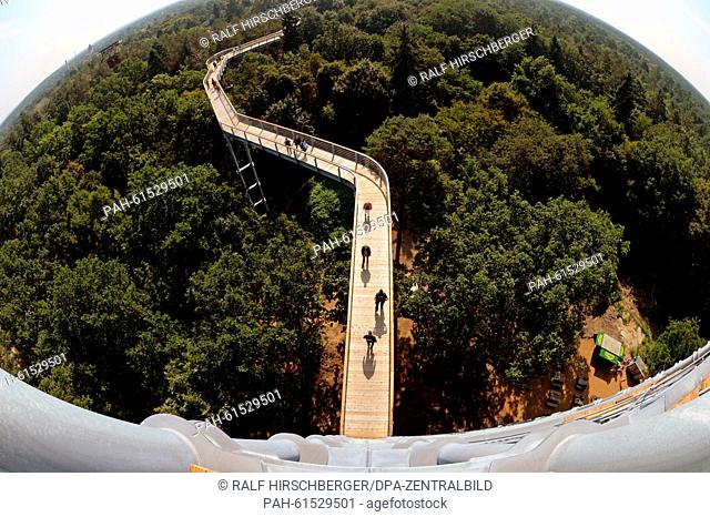 Visitors walk along a new tree canopy walkway in Beelitz-Heilstaetten, Germany, 12 September 2015. The 320-metre-long walkway is made from wood and steel and...