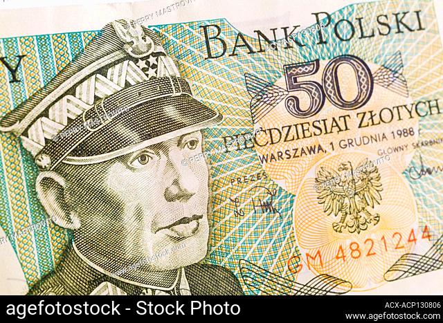 Old 1988 Polish 50 sloty paper currency banknote with portrait of Karol Swierczewski, Studio Composition, Quebec, Canada