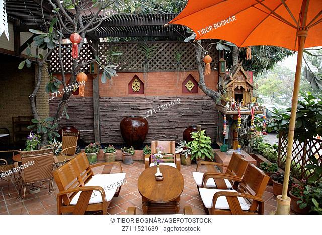 Thailand, Chiang Mai, garden, umbrella, chairs, relaxation