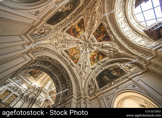 Austria, Salzburg, Salzburg Cathedral. Looking up to the ceiling inside the baroque style cathedral