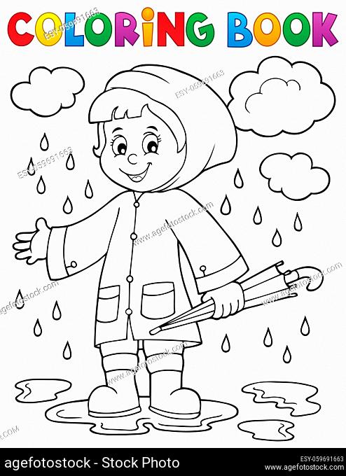 Coloring book girl in rainy weather 1 - picture illustration