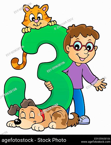 Boy and pets with number three - picture illustration