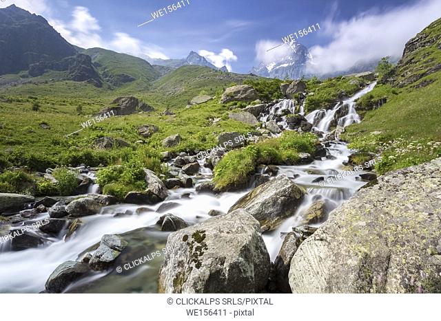The first waterfalls of the great river Po' under the Monviso, Crissolo, Po' Valley, Cuneo District, Piedmont, Italy