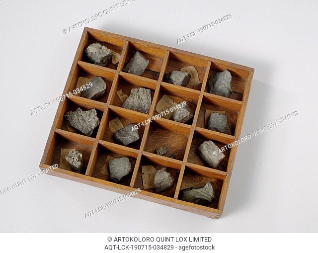 Box with Samples of Iron Ores and Slugs, Rectangular open wooden drawer, divided into sixteen boxes, containing ten ore samples