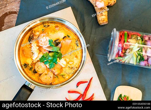 Sour seafood soup or Tom Yum Seafood with ingredient