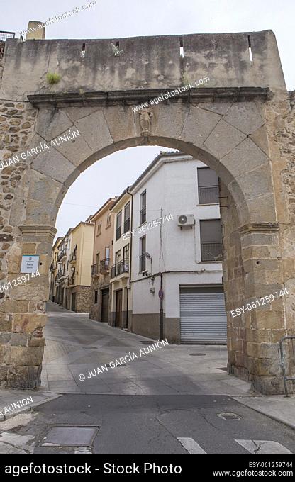 Coria Gate at Medieval street at Plasencia Old town, Caceres, Extremadura, Spain