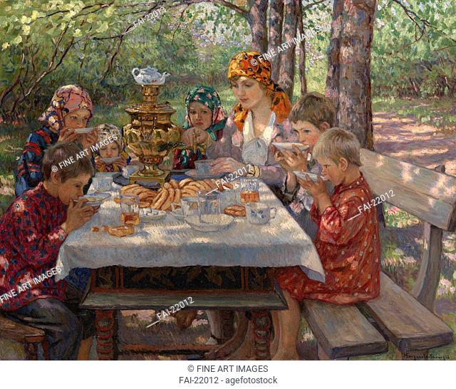 The Teacher's Guests. Bogdanov-Belsky, Nikolai Petrovich (1868-1945). Oil on canvas. Realism. Russia. Private Collection. 80, 5x102. Genre. Painting