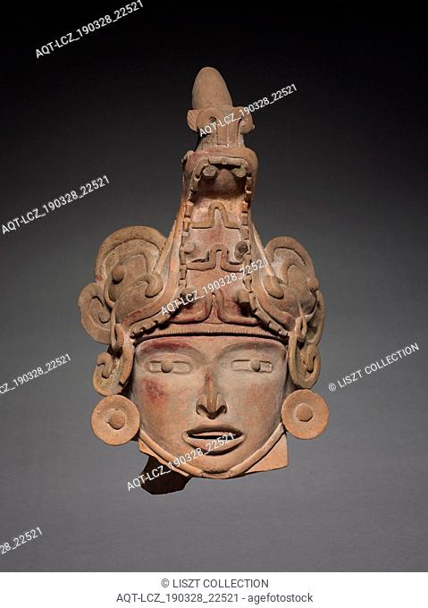 Head with Animal Helmet, c. 600-1000. Mexico, Gulf Coast, San Andrés Tuxtla(?), 7th-11th Century. Earthenware, pigment; overall: 39.1 x 23.4 x 16