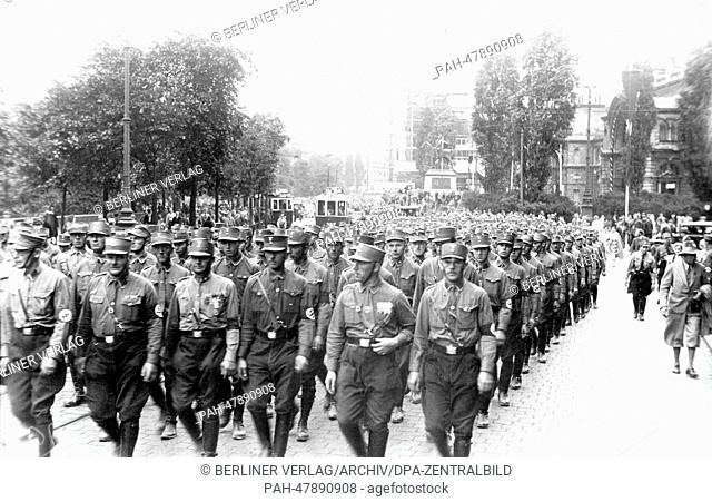 Nuremberg Rally 1933 in Nuremberg, Germany - Parade of the SA (sturmabteilung) in front of the central train Station in Nuremberg