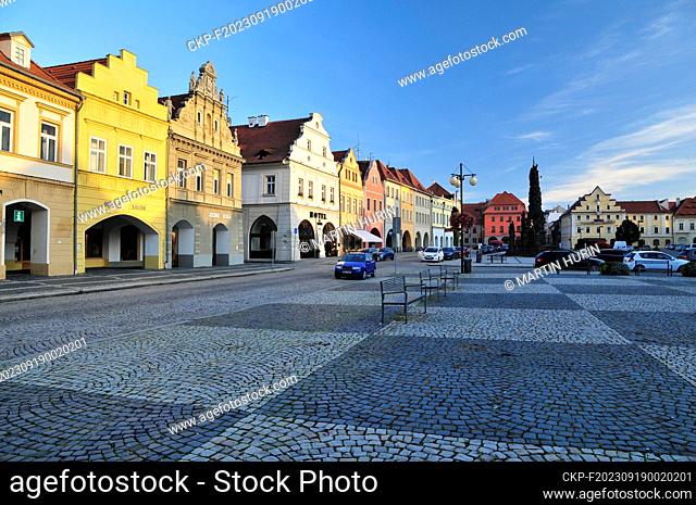 Czech town of Zatec (on the photo of October 1st, 2020, Liberty Square in Zatec), landscape of Zatec hops are part of World Cultural and Natural Heritage