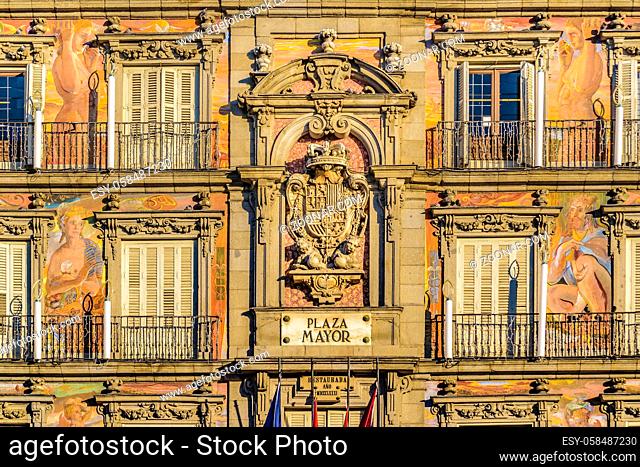 Front view of facade of casa de la panaderia building at plaza mayor, Madrid city, Spain