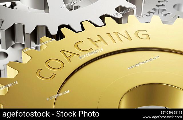 Metal gear wheels with the engraving Coaching - 3d render