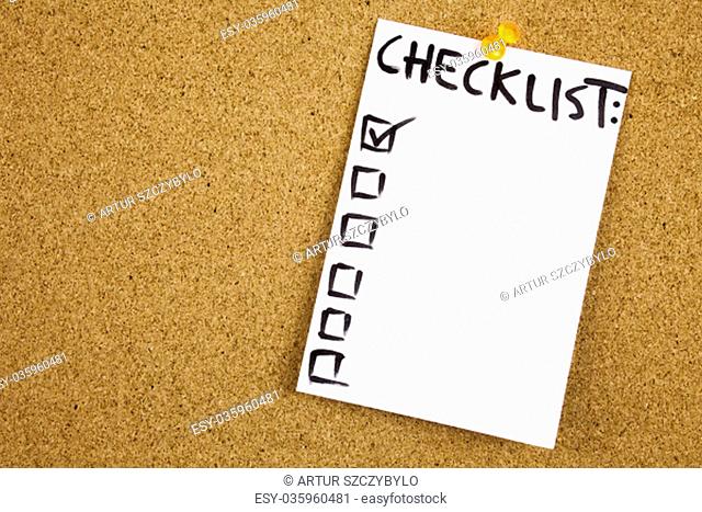 A yellow sticky note writing, caption, inscription Checklist on colorful sticky note in black ext on a sticky note pinned