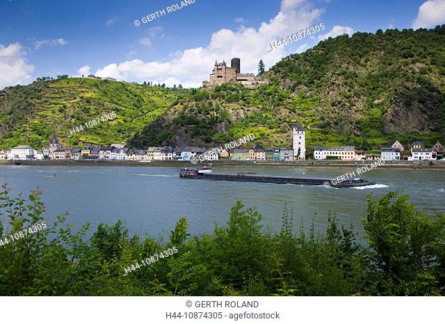 Saint Goarshausen, Germany, Rhineland-Palatinate, river, flow, Rhine, Rhine ship, freighter, castle, town, city, houses, homes