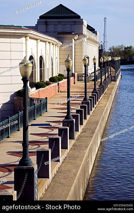 Riverwalk in downtown of Joliet, Illinois, USA