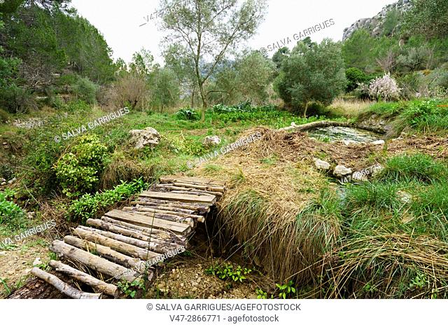 Wooden bridge on a mountain path, near Benimaurell, Vall de Laguar, Alta Marina