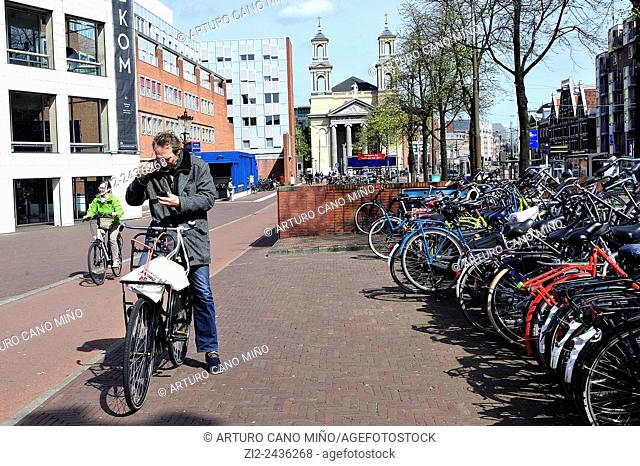 Bycicles parking in Waterlooplein. Amsterdam, Netherlands