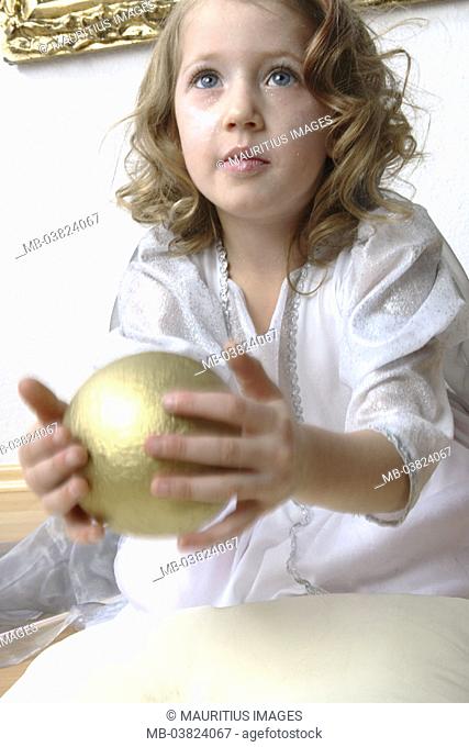 Girls, disguise, princess,  kneeling, pillows, ball, golden,  holding, fuzziness,  Series, child, 6-8 years, blond, long-haired, playing childhood curls, crown