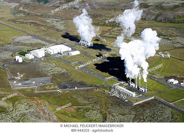 Nesjavellir geothermal power station delivers energy via long pipelines and power-cables as far as Reykjavik, Iceland, Europe, aerial photo