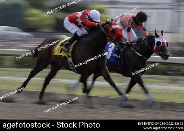 MEXICO CITY, MEXICO - APR 23, 2022: A Jockey during a horse race as part to Botarga contest at the Hipódromo de las Américas