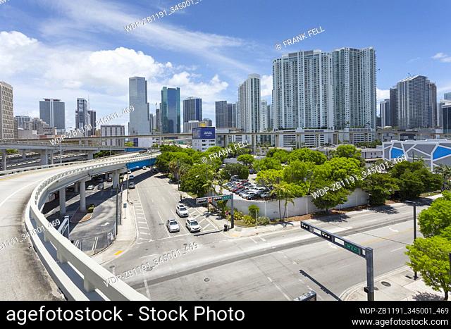 Elevated view of Downtown and Miami River, Miami, Florida, United States of America, North America