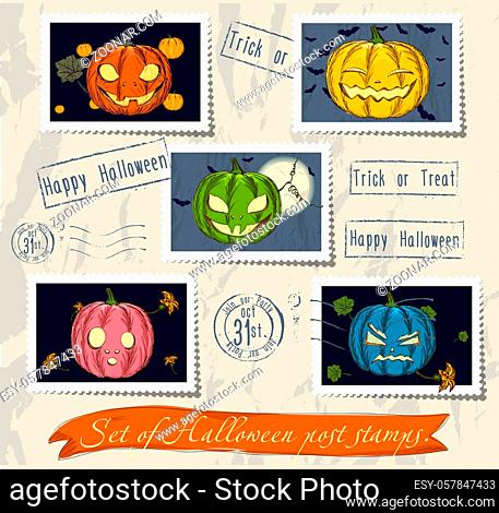 Vintage halloween post stamps set. Vector illustration EPS10