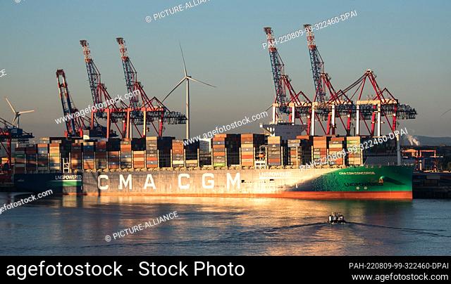 09 August 2022, Hamburg: The container ship ""CMA CGM Concorde"" is moored at the Eurogate terminal. Photo: Daniel Bockwoldt/dpa