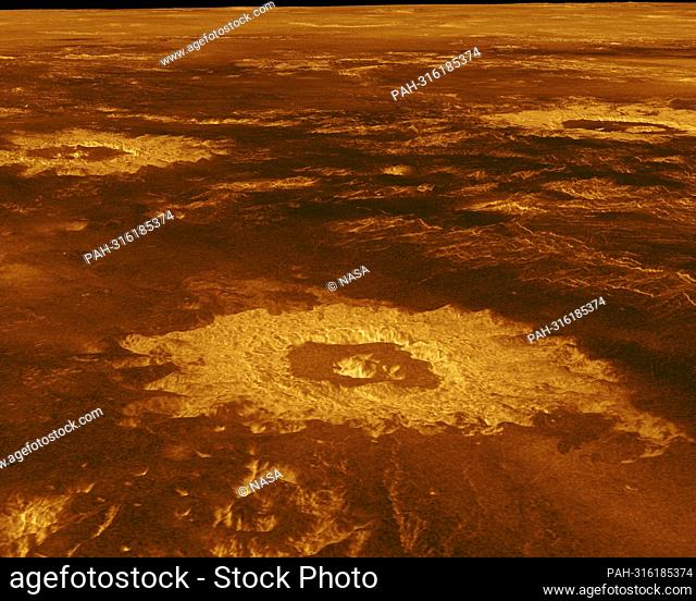 Three impact craters are displayed in this three-dimensional perspective view of the surface of Venus taken by NASA's Magellan