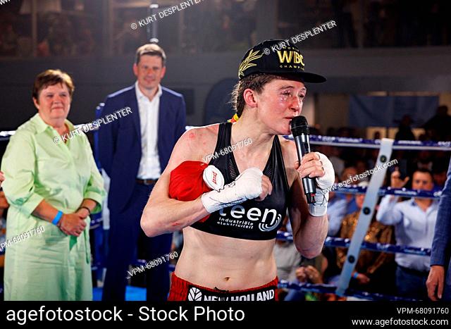 Belgian Delfine Persoon delivers a speech at the fight between Belgian Delfine Persoon and Korean Bo Mi Re Shin, for the WBC Silver Super Feather title women...