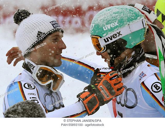 Felix Neureuther (R) and Fritz Dopfer of Germany react after the mens slalom at the Alpine Skiing World Championships in Vail - Beaver Creek, Colorado, USA