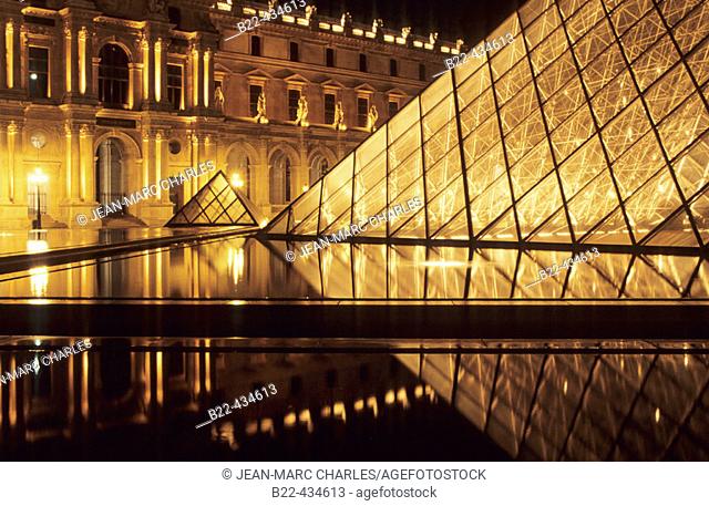 The Louvre, Napoleon court and Glass Pyramid built by IM Pei. Paris. France