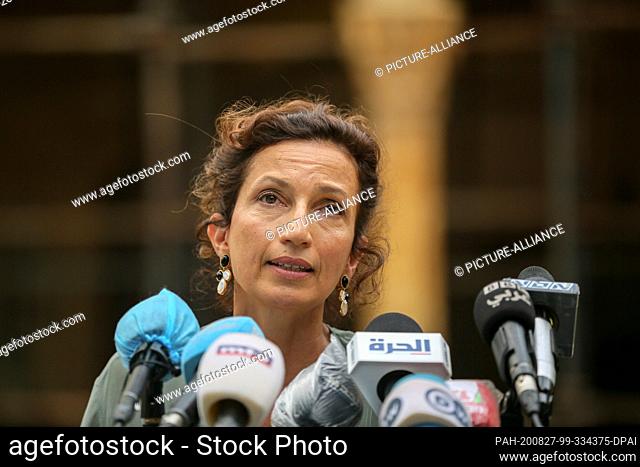 27 August 2020, Lebanon, Beirut: Director general of the UNESCO Audrey Azoulay speaks with the media representatives at the Sursock Palace