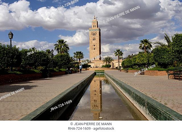 The Koutoubia minaret in the heart of the old medina next to a mosque of the same name, built in the 12th century, Marrakesh, Morocco, North Africa, Africa