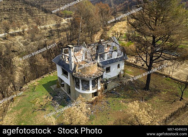 House burned and calcined by the 2022 Pont de Vilomara wildfire (Bages, Barcelona, Catalonia, Spain)